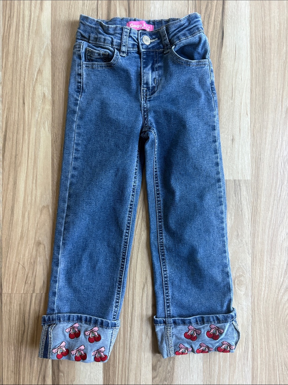 Girls Dark Wash Jeans with Cherry Cuff Detail size 5/6